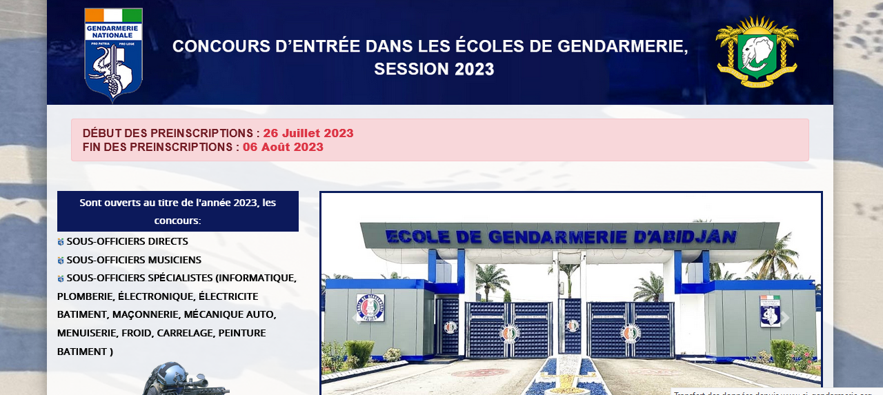 CONCOURS D'ENTREE DANS LES ECOLES DE GENDARMERIE CI SESSION 2023