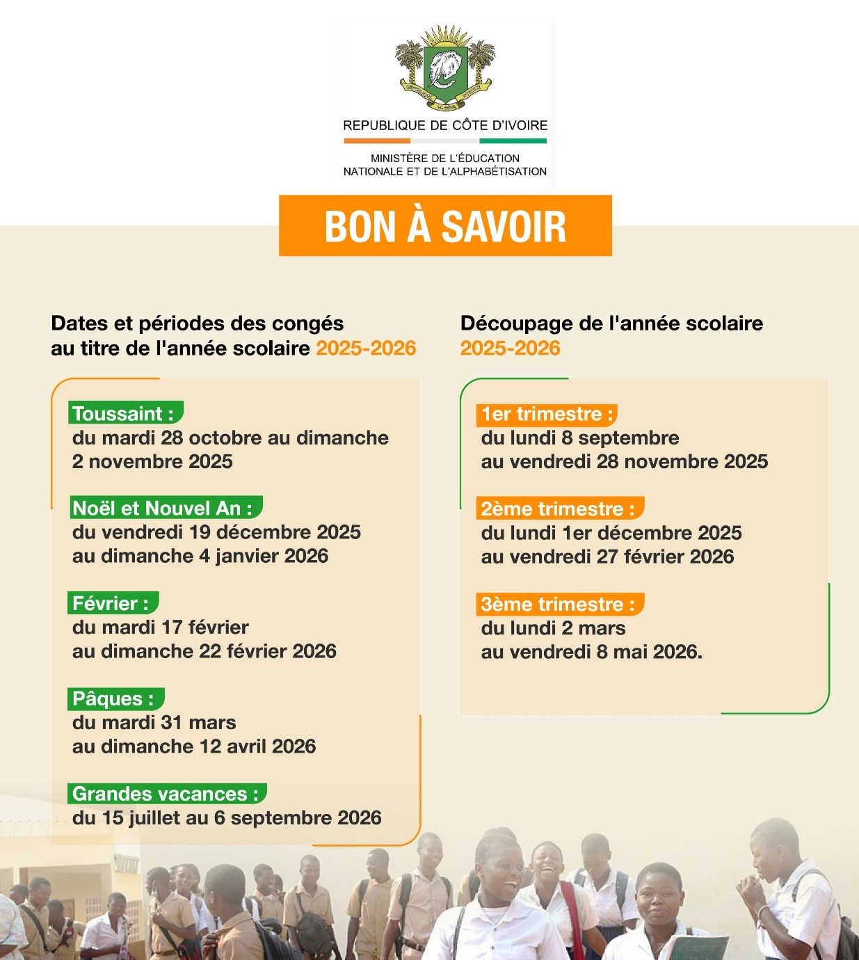 Découpage de l'année scolaire 2025-2026 en Côte d'Ivoire