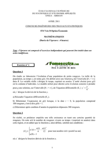 Sujet de Maths ITS B option Economie 2011 (ENSEA)