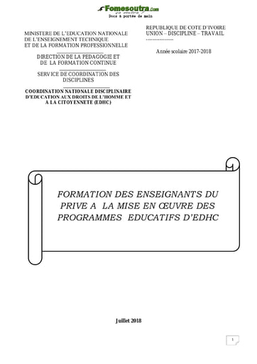 Formation des enseignants du privé à la mise en œuvre des programmes éducatifs d’EDHC