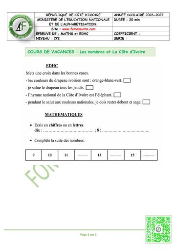 FICHE 1 CP2 MATHS ET EDHC by TEHUA