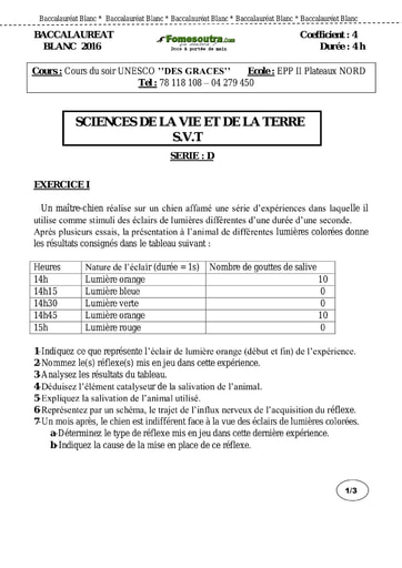 Sujet de SVT BAC blanc 2016 série D - Cours du soir UNESCO " DES GRACES"