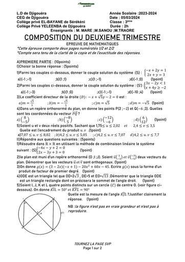 SUJET MATHS 3ième TRIMESTRE 2 CEG DE DJIGOUERA 2024 BY TEHUA