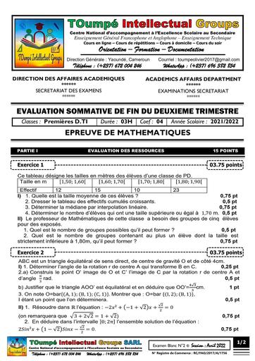 Devoir de Maths premiere D cameroun