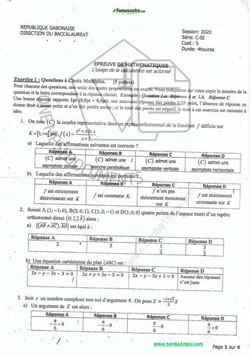 SUJET BAC 2020 GABON MATHS SERIE C&E BY TEHUA