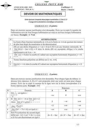 DEVOIR DE MATHS NIVEAU Tle A COLLEGE PRIVE HADI 2025 by TEHUA