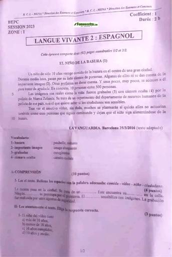 Sujet Espagnol bepc 2023 zone1