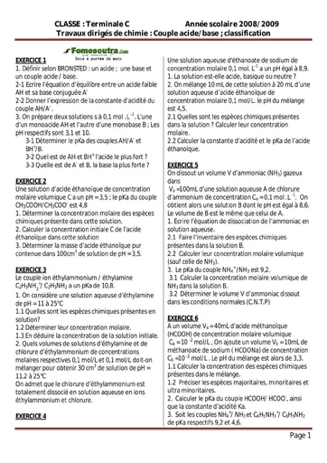 Sujet (5) Couple acide/base ; classification - Terminale C