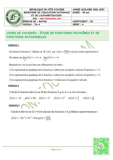 FICHE 2 MATHS Tle A ÉTUDE DE FONCTIONS POLYNÔMES ET DE FONCTIONS RATIONNELLES BY TEHUA