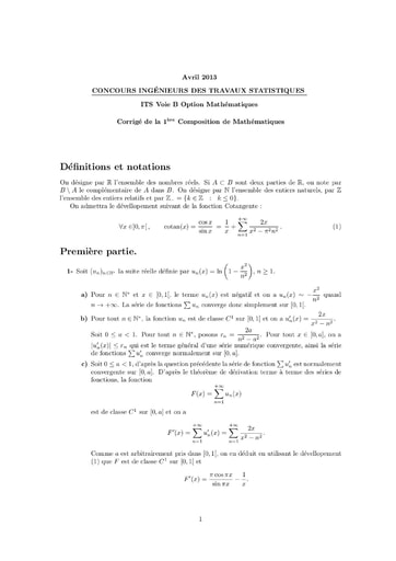 Corrigé 1ère épreuve de maths ITS B option Maths 2013 (ENSEA)