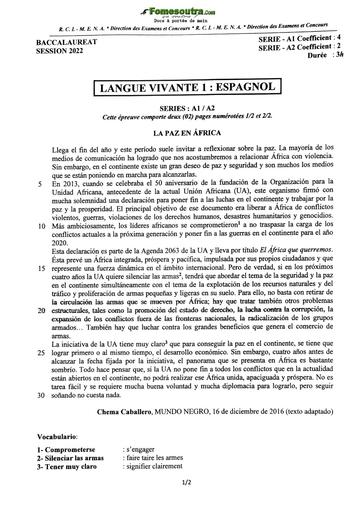 Sujet d'Espagnol Langue Vivante 1 BAC A1 et A2 2022