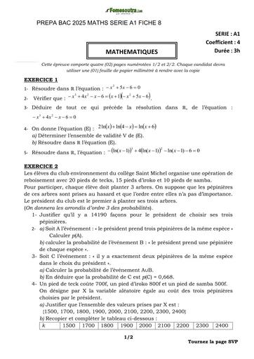 PREPA BAC 2025 MATHS SERIE A1 SUJET 8 BY TEHUA