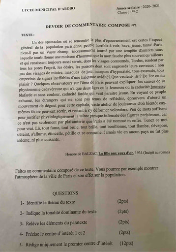Devoir de Français (Commentaire composé) niveau 1ereC - Lycée Municipal d'Abobo
