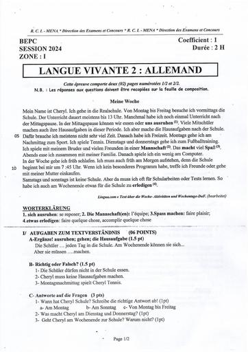 BEPC 2024 LV 2 ALLEMAND + barème ZONE 1 by Tehua