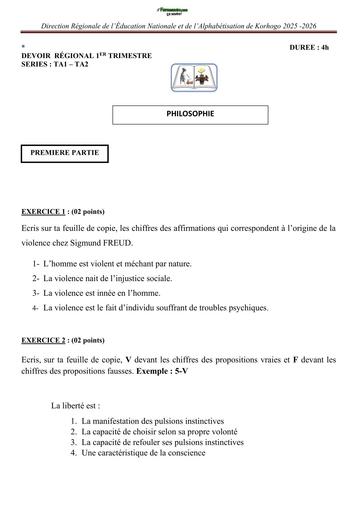 DEVOIR REGIONAL DE PHILOSOPHIE (TA1 & TA2)  DU 20 OCTOBRE 2025 sujet Korhogo By Tehua