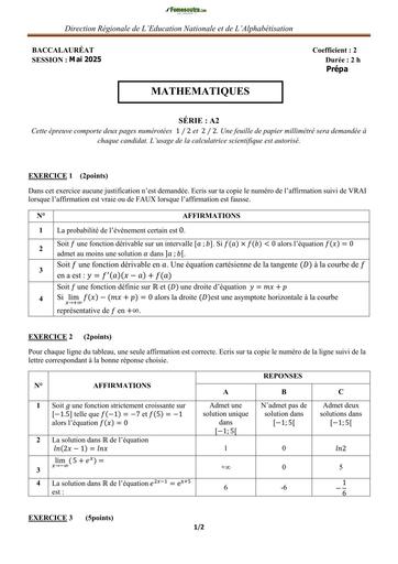 PREPA BAC MAI 2025 MATHS SERIE A2 Mai 2025 SUJET+CORRIGE BY TEHUA