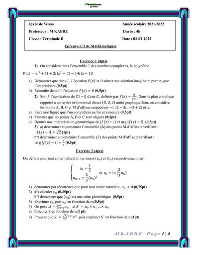 DEVOIR DE maths 3 NIVEAU Tle D LYCEE DE WONA 2022 BY TEHUA