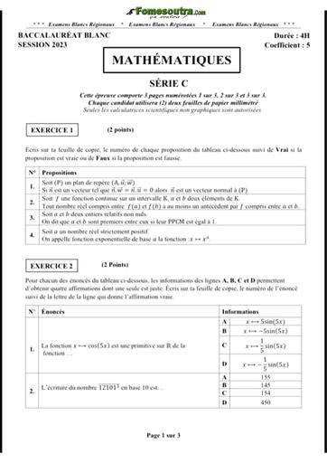 Bac blanc 2023 Maths serie C sujet+barème by Tehua