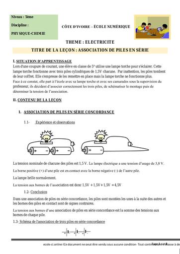 PC 5ème L3 Association de piles en série