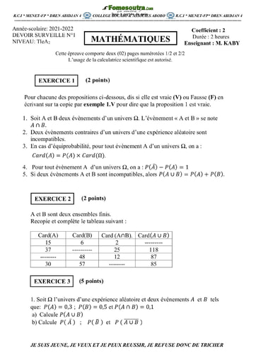 Devoir surveillé N°1 TleA2 MATHS