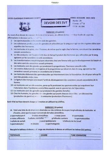 Sujet de SVT niveau Première D Lycée Classique Abidjan 2022-2023