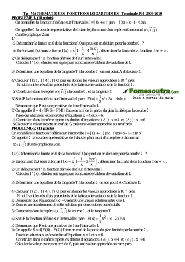 Problème et  Corrigé (9) Etude d'une Fonction Logarithme - Maths Terminale D