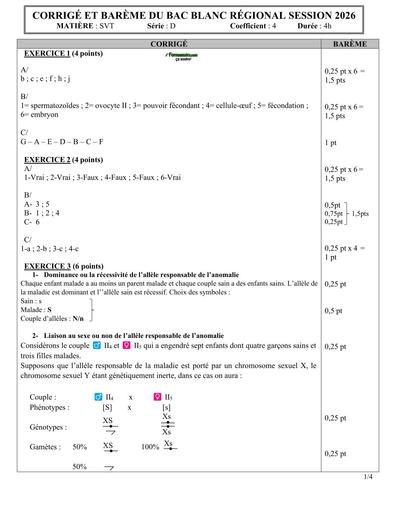 BAC BLANC MARS 2026 DRENA ABIDJAN 4 SUJET SVT SERIE D (BAREME) by TEHUA
