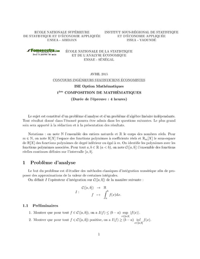 Sujet et Corrigé 1ère épreuve de maths ISE option maths 2015 (ENSEA - ISSEA - ENSAE)