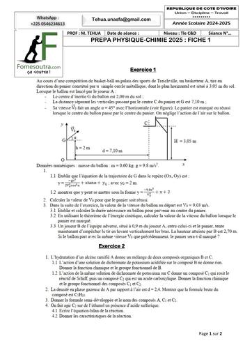 PREPA BAC 2025 SERIE PC C&D FICHE 1 sujet+corrigé MAI 2025 BY TEHUA