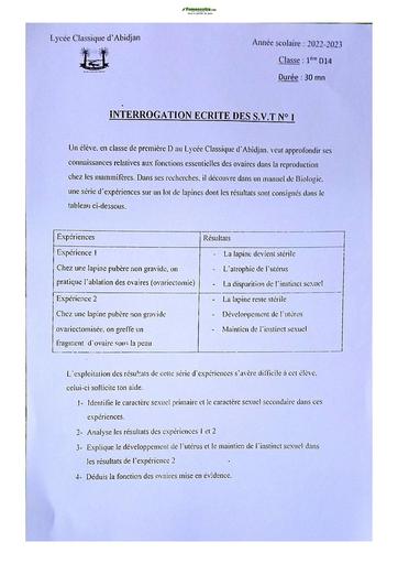 Sujet de SVT niveau Première D Lycée Classique Abidjan 22-23