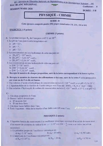 BAC BLANC 2026 PC Drena RCI sujet+Corrigé By TEHUA