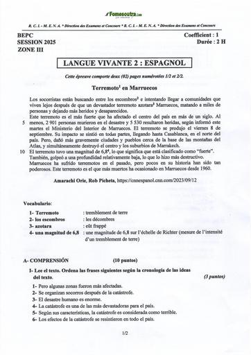 BEPC 2025 ESPAGNOL ZONE 3 SUJET+CORRIGE Côte d'Ivoire BY TEHUA