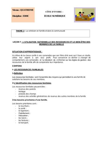 EDHC 4ème L 7 L’UTILISATION RATIONNELLE DES RESSOURCES ET LE BIEN ÊTRE DES MEMBRES DE LA FAMILLE
