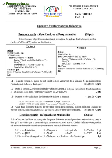 Sujet (1) d'Informatique théorique niveau Probatoire F3 et F4  - Cameroun