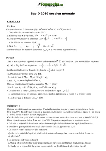 Sujet de Maths BAC D 2010