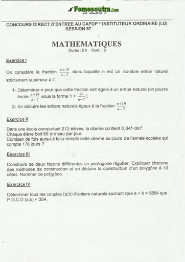 Sujet de Maths CAFOP 1997