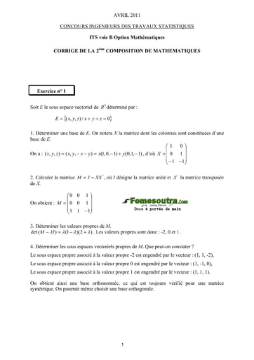 Corrigé 2ème épreuve de maths ITS B option Maths 2011 (ENSEA)