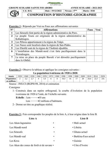 Devoir Histoire-Géographie Groupe Scolaire Sainte Foi Niveau 5ème  2023