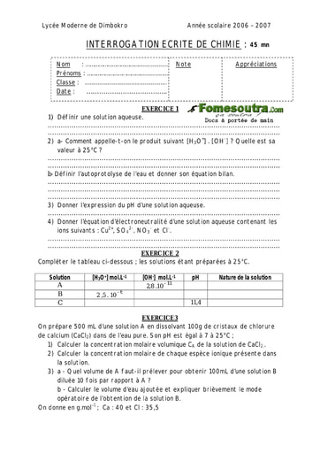 Interrogation 27 de Chimie niveau Terminale D