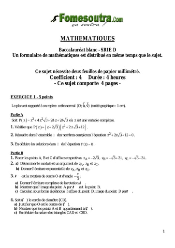 Devoir 15 de maths niveau Terminale D