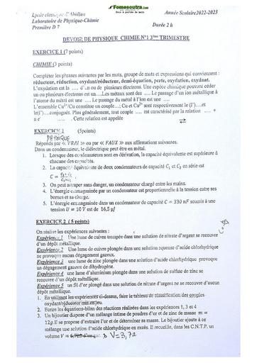 Sujet de Chimie Niveau Première D Lycée Classique Abidjan 22-23
