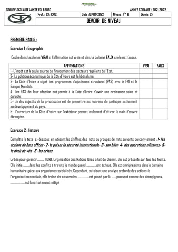 DEVOIR Histoire-Géographie Terminale B 2022