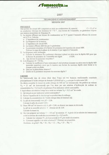 Sujet de Physique-Chimie Techniciens d'Hygiène et d'Assainissement INFAS 2007