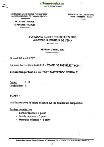 Sujet Test d'aptitude verbale - Etape de présélection concours ENA cycle supérieur  (Avril 2017)