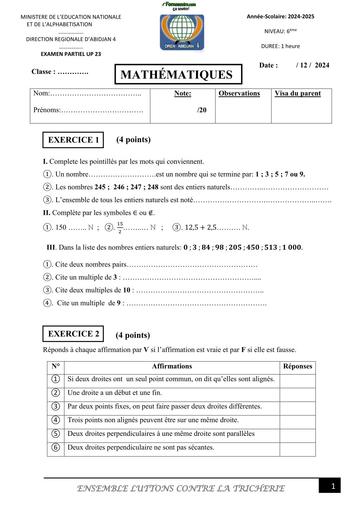 COMPOSITION GENERAL 2025 MATHS NIVEAU 6ième UP23 2 BY TEHUA