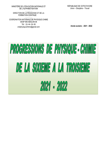 Progression de Physique Chimie de la Sixième à la Troisième année scolaire 2021-2022