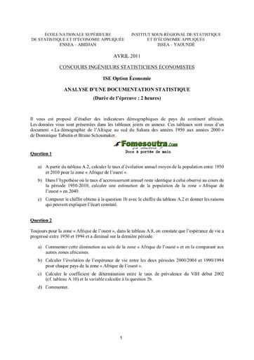 Sujet Analyse d'une documentation statistique ISE option économie 2011 (ENSEA - ISSEA)