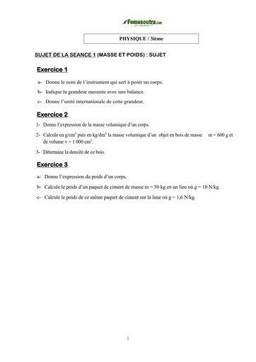 COURS DE VACANCES physique 3IEME SUJET 1 (masse et poids) BY TEHUA