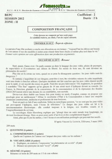 Sujet de Composition française BEPC 2012 zone 2