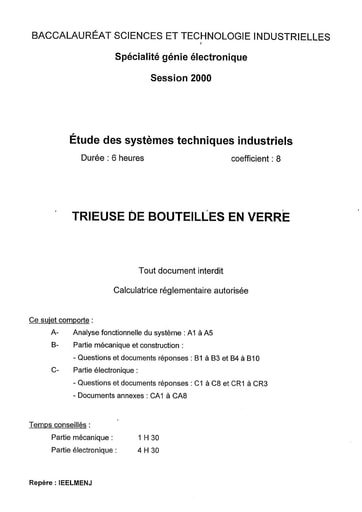 Sujet et corrigé Trieuse de Bouteilles de Verre -Étude des système techniques industriels - BAC 2000